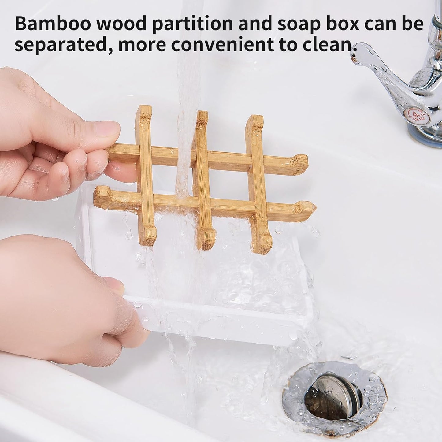 Bamboo Soap Dishes for Shower Wooden Soap Bar Holder for Bathroom Soap Tray Easy to Clean, Durable and with Non-Slip Pads(Two White Squares)