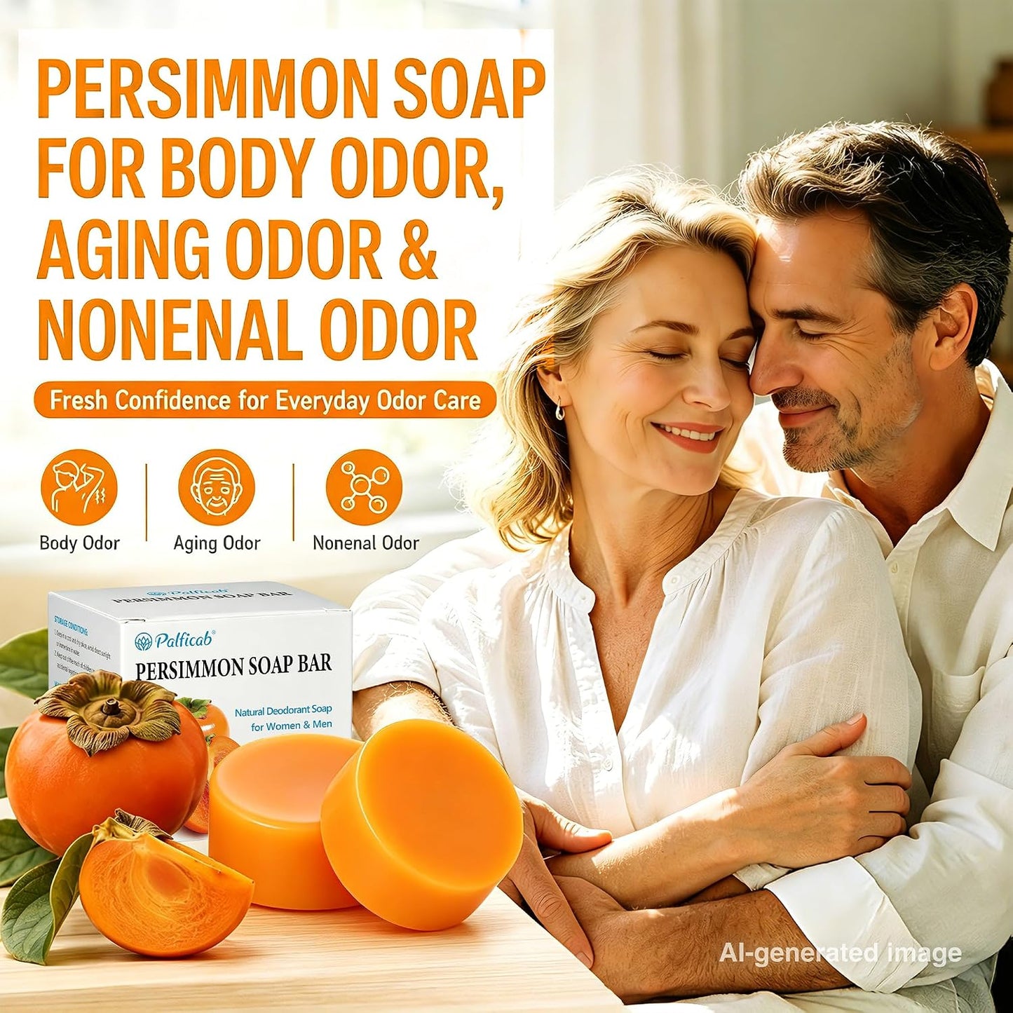 Round Persimmon Soap for Body Odor & Aging Odor, 2 Bars | Persimmon Deodorizing Soap for Underarm Odor, Gentle Purifying Soap for Women & Men, Sweet Persimmon Scent, 4.23 Oz Each