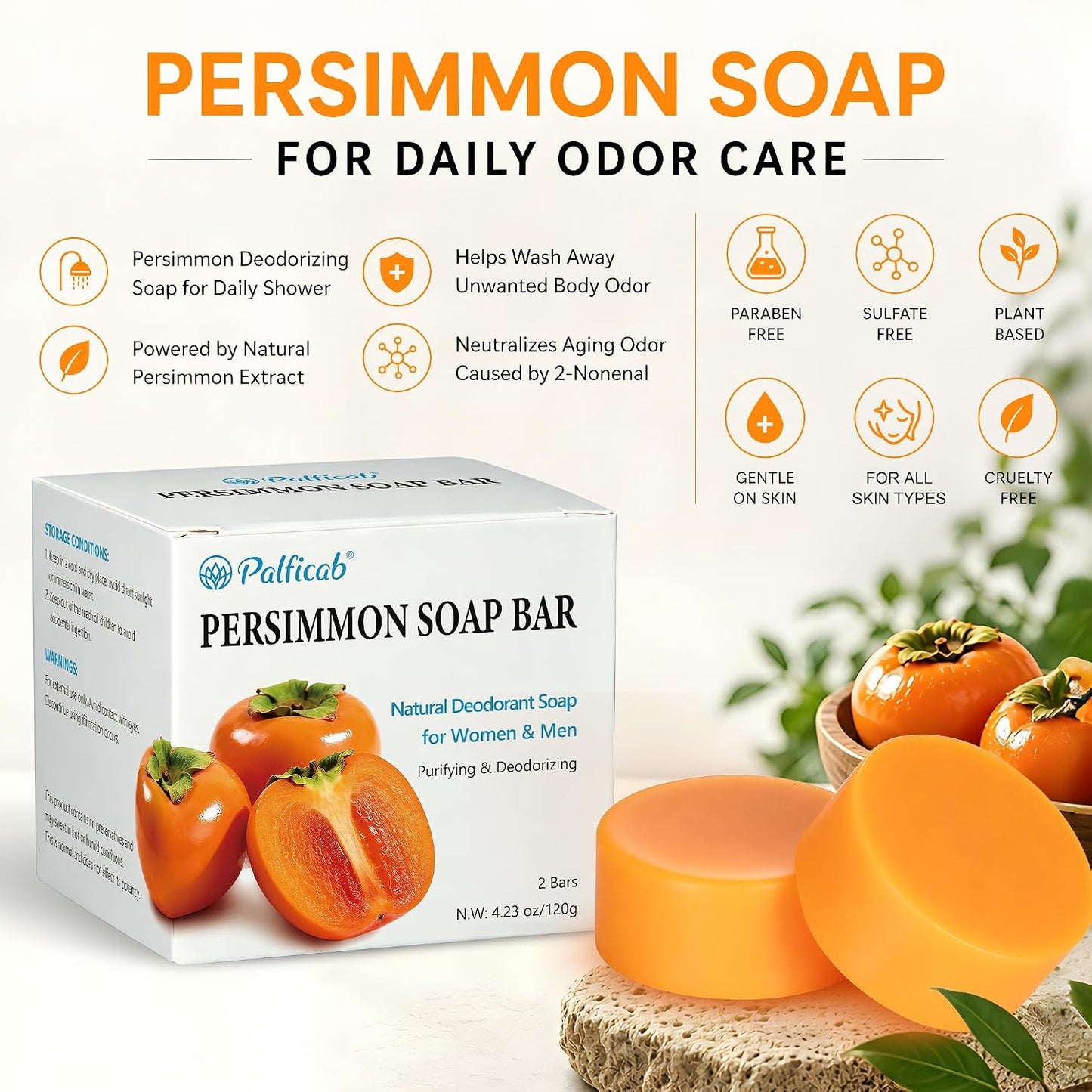 Round Persimmon Soap for Body Odor & Aging Odor, 2 Bars | Persimmon Deodorizing Soap for Underarm Odor, Gentle Purifying Soap for Women & Men, Sweet Persimmon Scent, 4.23 Oz Each
