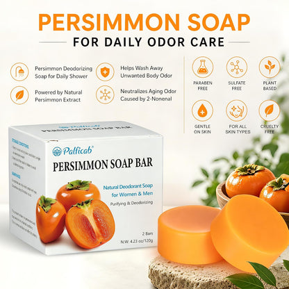 Round Persimmon Soap for Body Odor & Aging Odor, 2 Bars | Persimmon Deodorizing Soap for Underarm Odor, Gentle Purifying Soap for Women & Men, Sweet Persimmon Scent, 4.23 Oz Each