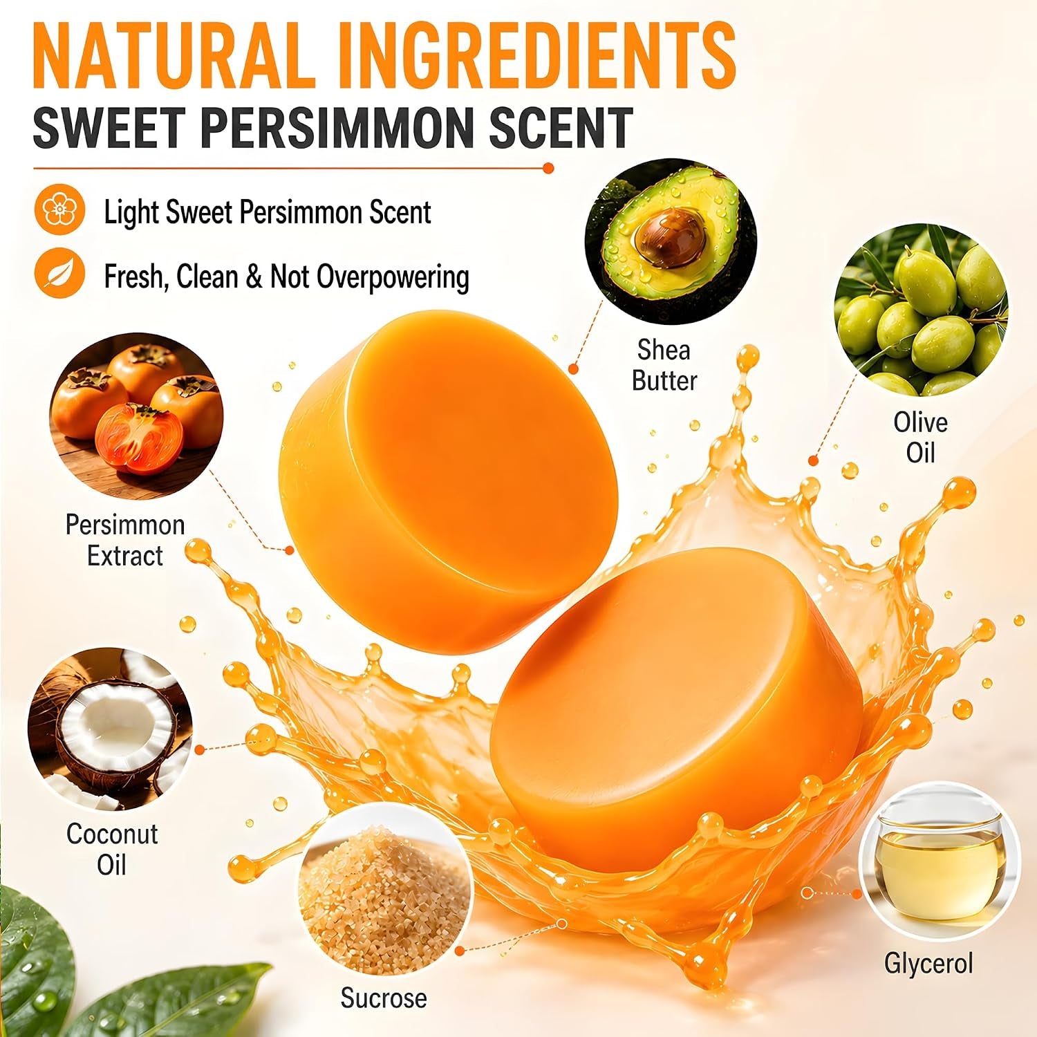 Round Persimmon Soap for Body Odor & Aging Odor, 2 Bars | Persimmon Deodorizing Soap for Underarm Odor, Gentle Purifying Soap for Women & Men, Sweet Persimmon Scent, 4.23 Oz Each